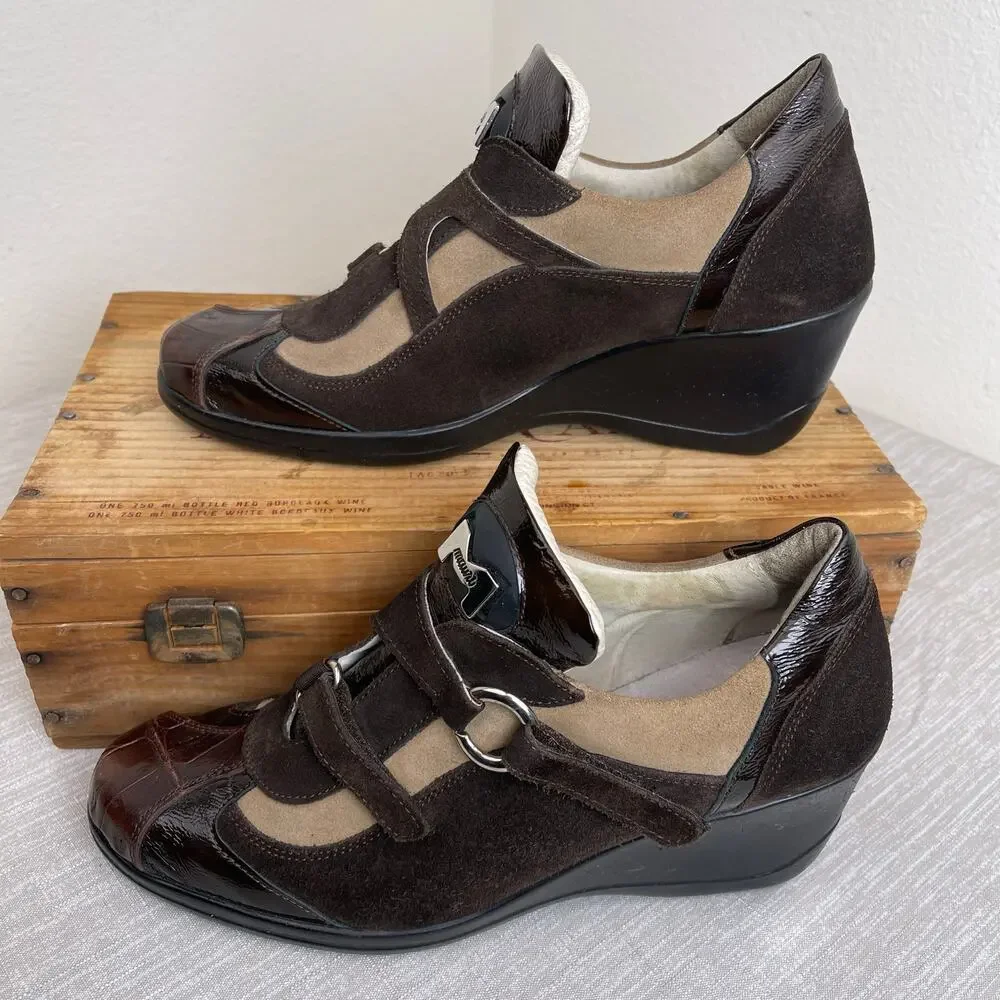 Mauri Suprema 8651 Women 9 Brown Baby Crocodile Suede Patent Leather Wedge Shoes